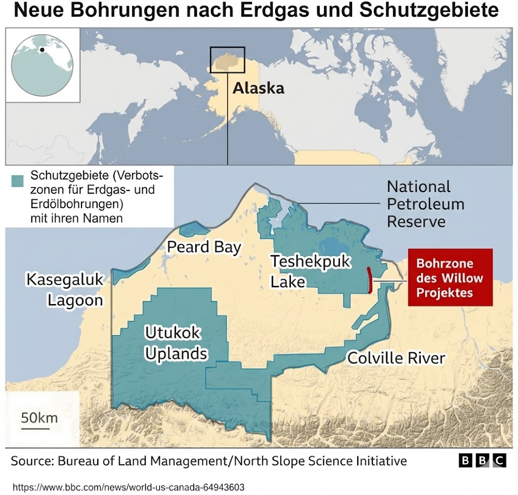 Karte von Nord-Alaska mit Schutzgebieten und markierter Bohrzone des Willow-Projekts.